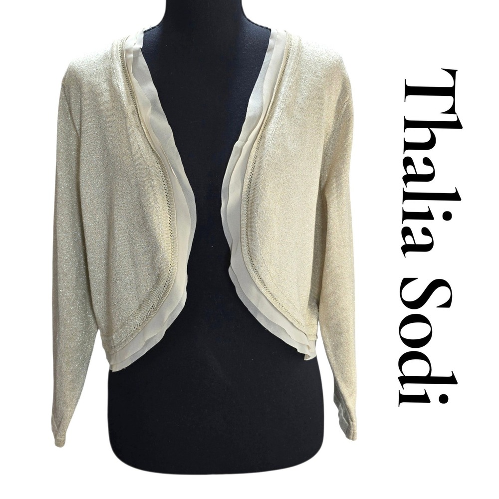 Thalia Sodi Shrug Cardigan Womens XL Gold Metallic Rayon Ruffle Trim Bolero Chic